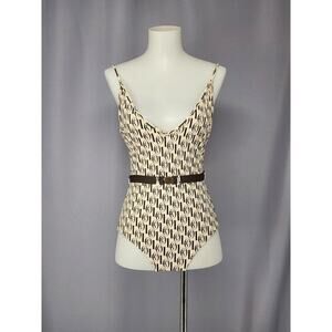 Love Stories Swimsuit Womens 4 Beige Black Belted One Piece Monogram Logo Print
